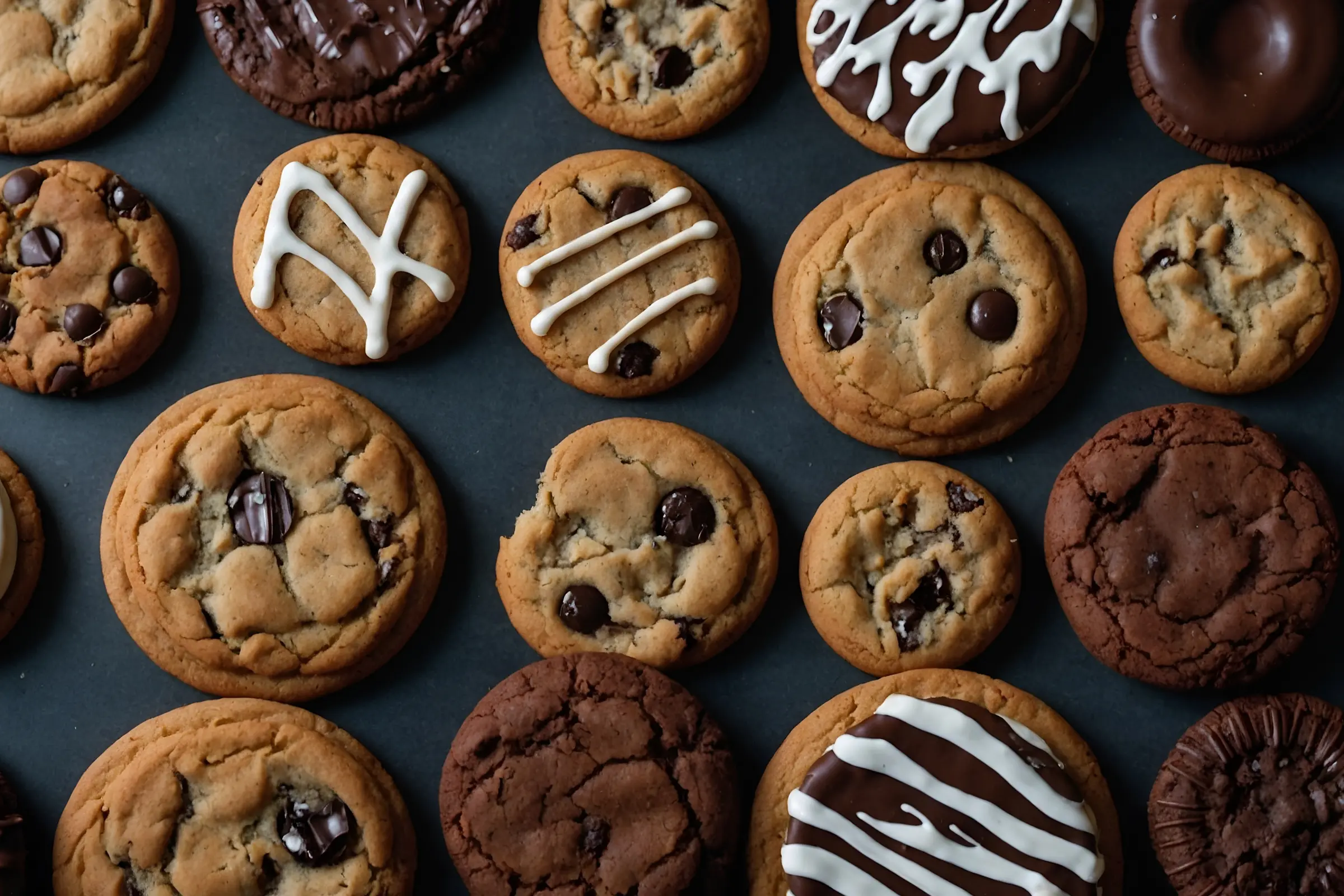Chocolate chip and iced cookies arranged in rows