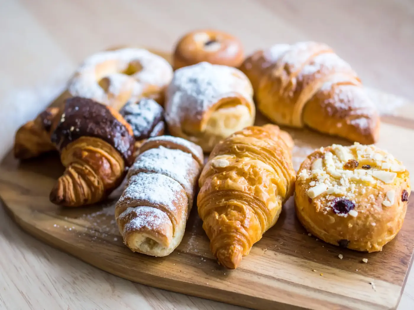 Croissants and powdered-sugar Danishes on a wood board
